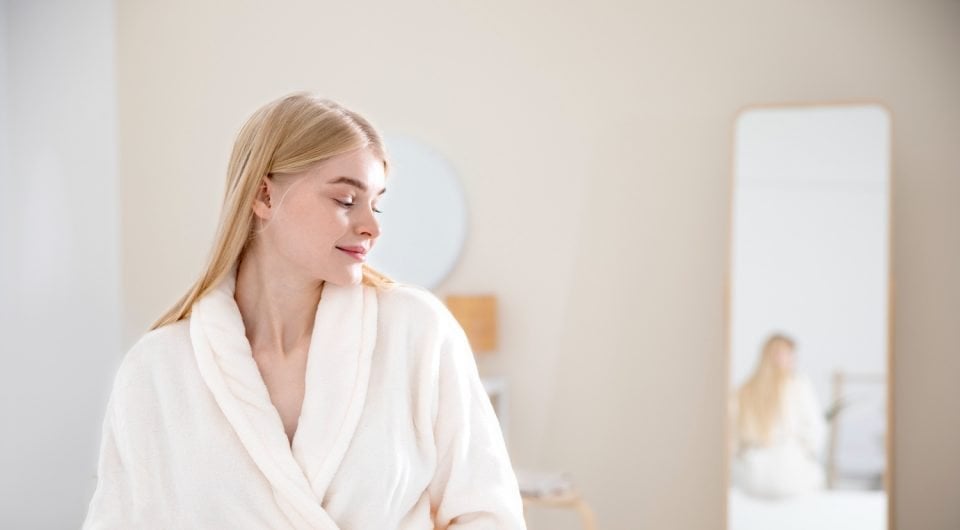 Woman wearing bemboka bathrobe