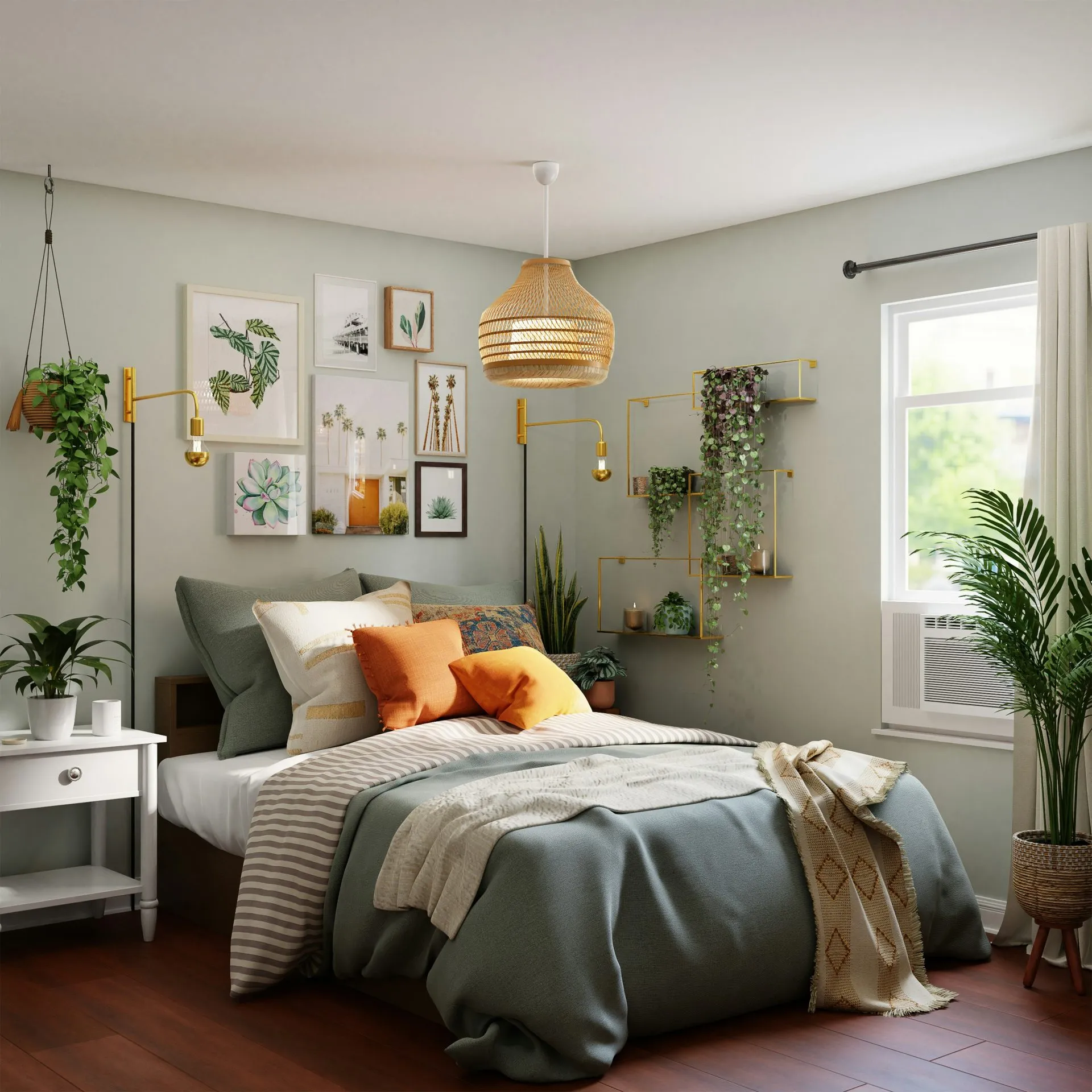 Light-filled bedroom with layered bedding, soft textures, and natural tones creating a calm, comfortable space